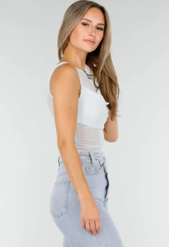 Lichtblauwe Mesh Crop Top met Rimpeldetail en Stretch