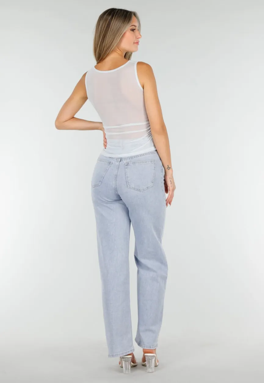 Lichtblauwe Mesh Crop Top met Rimpeldetail en Stretch