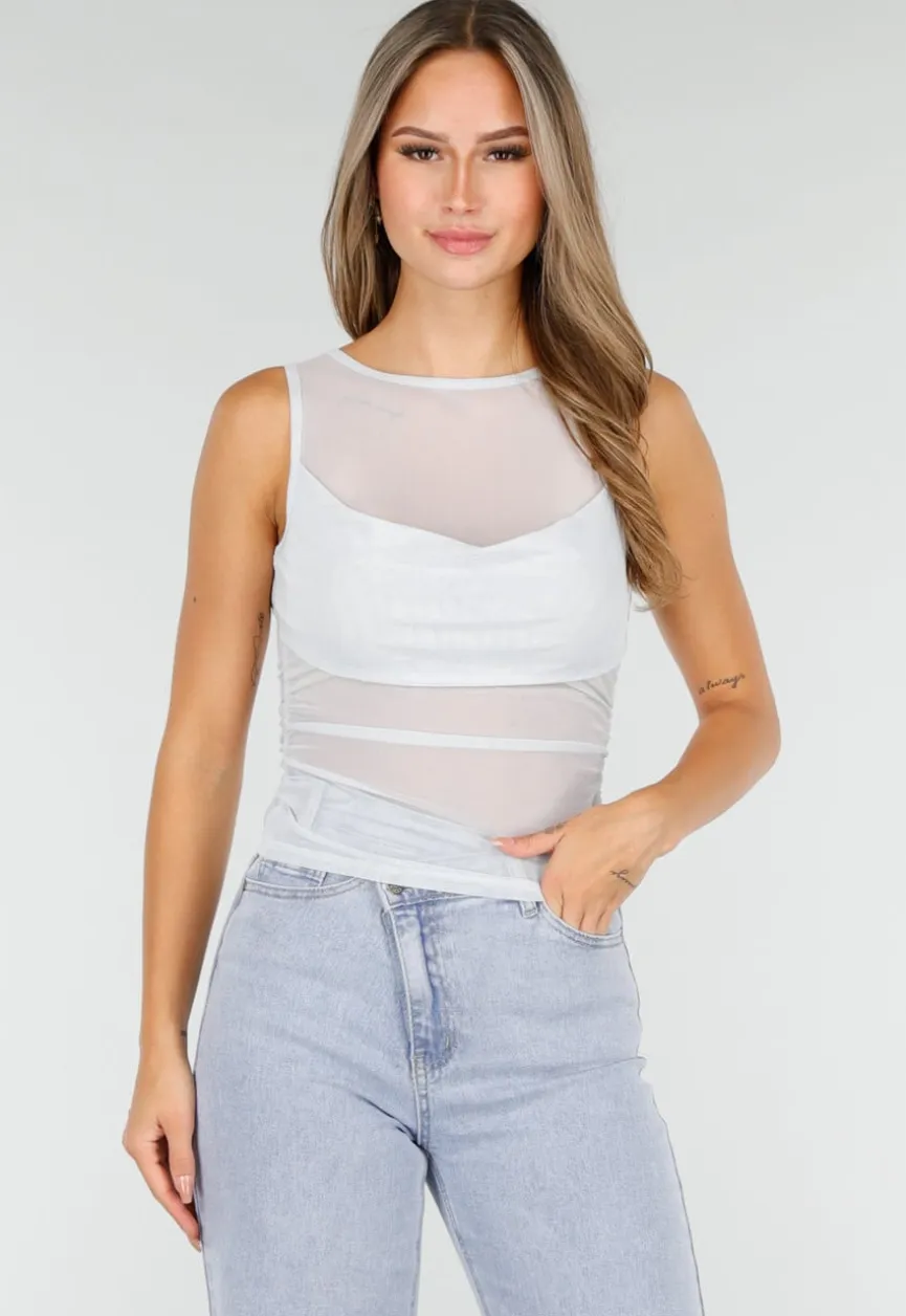 Lichtblauwe Mesh Crop Top met Rimpeldetail en Stretch