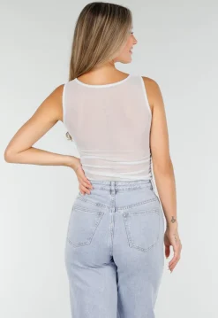 Lichtblauwe Mesh Crop Top met Rimpeldetail en Stretch
