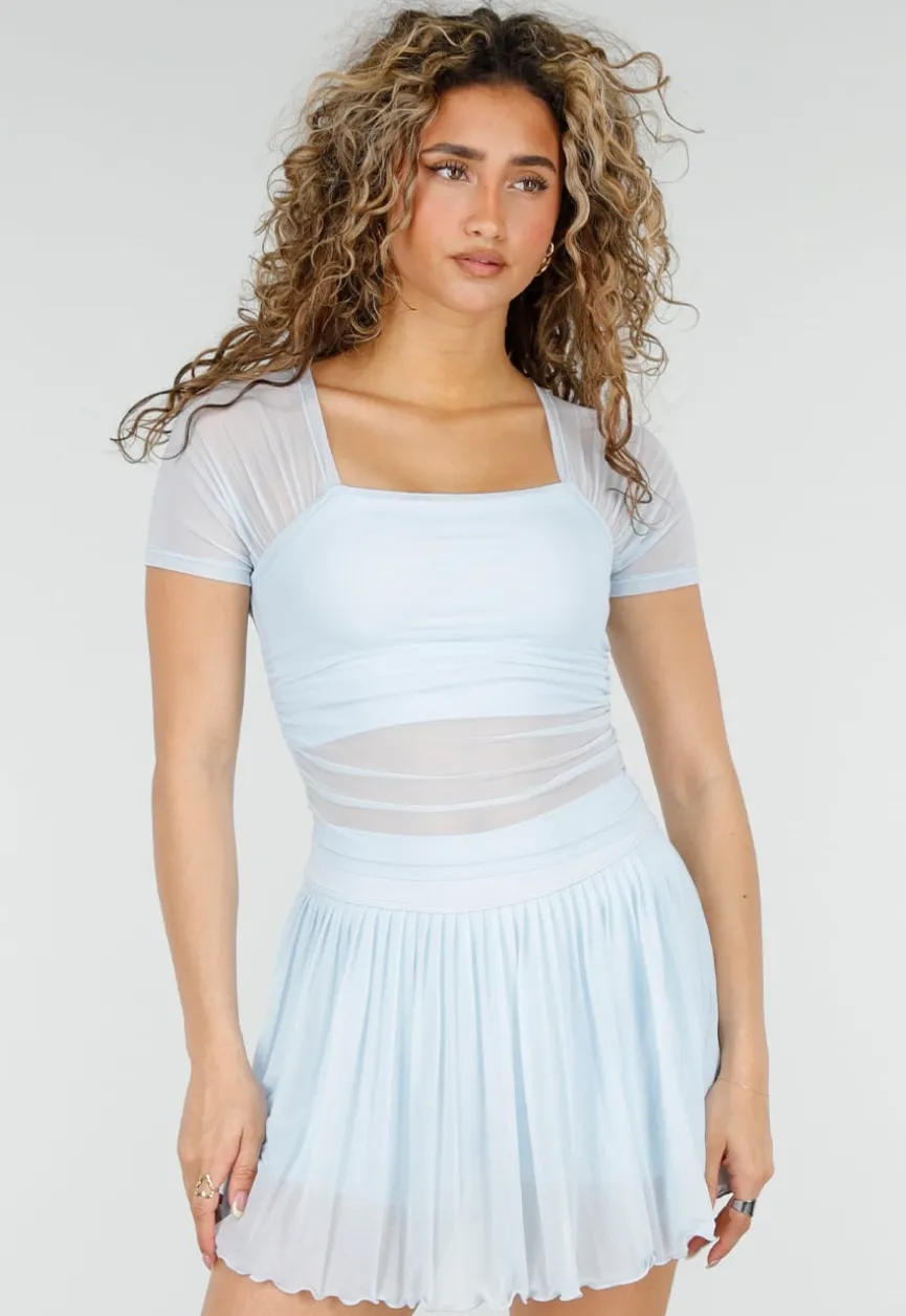 Lichtblauwe Mesh Crop Top met Korte Mouwen en Pads