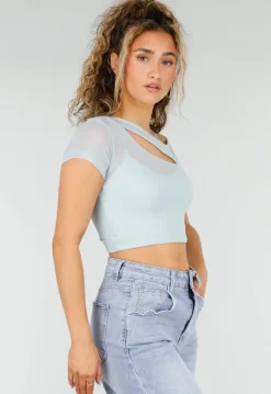 Lichtblauwe Mesh Crop Top met Korte Mouw en Pads