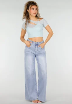 Lichtblauwe Mesh Crop Top met Korte Mouw en Pads