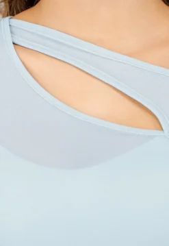 Lichtblauwe Mesh Crop Top met Korte Mouw en Pads