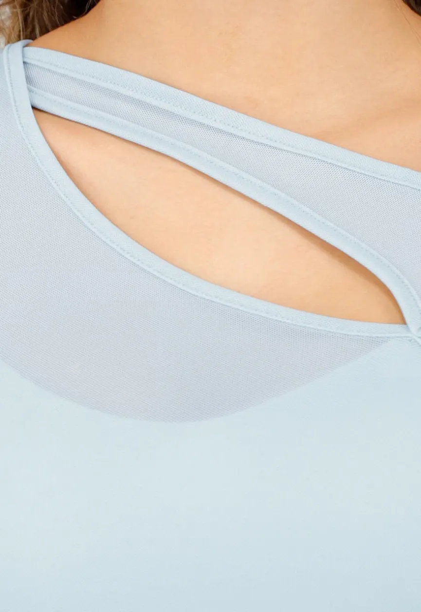 Lichtblauwe Mesh Crop Top met Korte Mouw en Pads