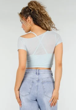 Lichtblauwe Mesh Crop Top met Korte Mouw en Pads