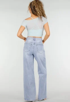 Lichtblauwe Mesh Crop Top met Korte Mouw en Pads