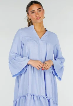 Lichtblauwe Midi Jurk met V-hals en Ruffle Details