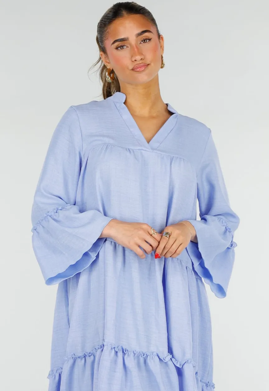 Lichtblauwe Midi Jurk met V-hals en Ruffle Details
