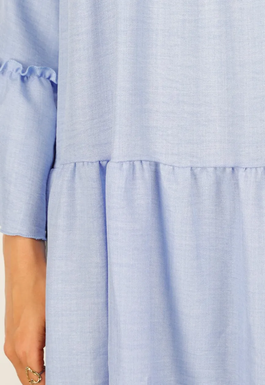 Lichtblauwe Midi Jurk met V-hals en Ruffle Details