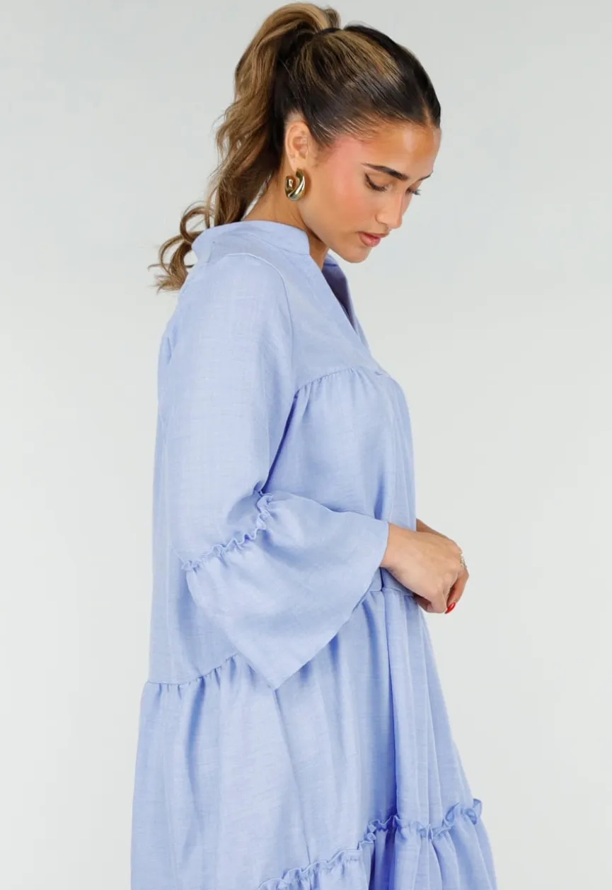 Lichtblauwe Midi Jurk met V-hals en Ruffle Details