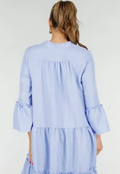 Lichtblauwe Midi Jurk met V-hals en Ruffle Details