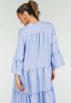 Lichtblauwe Midi Jurk met V-hals en Ruffle Details