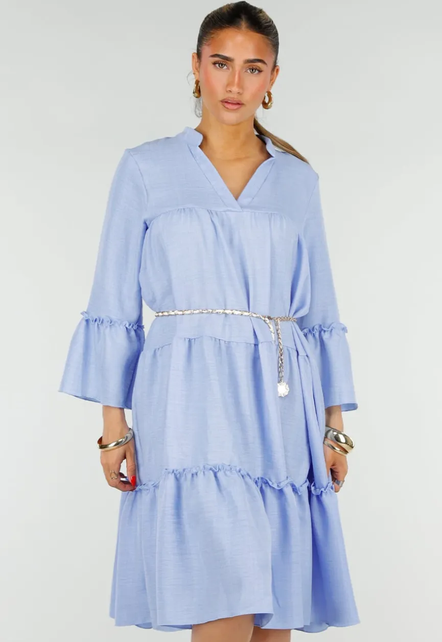Lichtblauwe Midi Jurk met V-hals en Ruffle Details