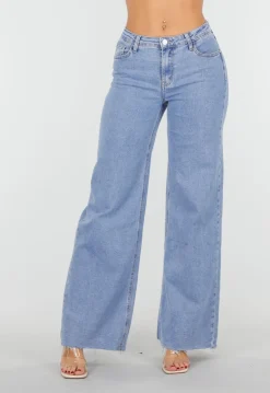 Lichtblauwe Mid Waist Wide Leg Jeans met Raw Edge Zoom