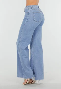 Lichtblauwe Mid Waist Wide Leg Jeans met Raw Edge Zoom
