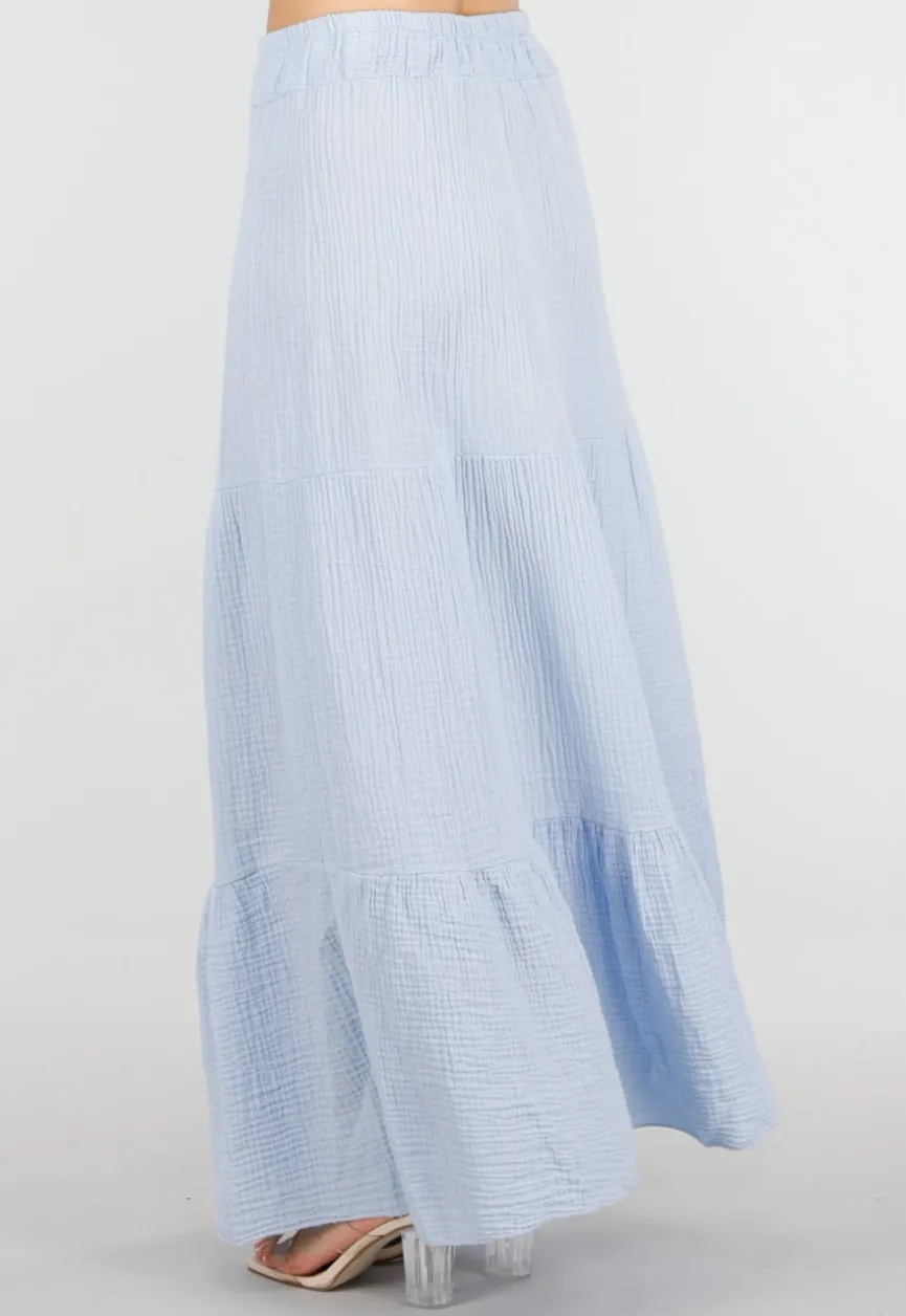 Lichtblauwe Mousseline Maxi Rok met Elastische Taille