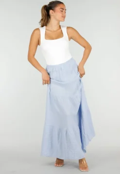 Lichtblauwe Mousseline Maxi Rok met Elastische Taille