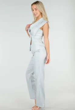 Lichtblauwe Mouwloze Blazer Top met Knopen en Reverskraag