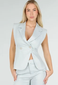 Lichtblauwe Mouwloze Blazer Top met Knopen en Reverskraag