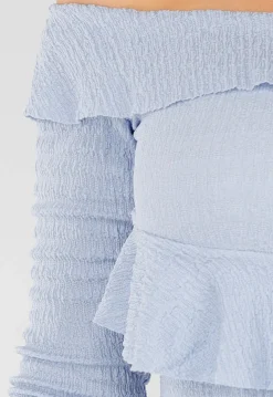 Lichtblauwe Off-Shoulder Jurk met Ruches en Stretchstof