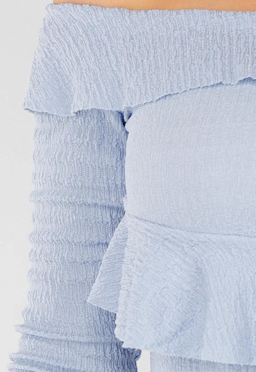 Lichtblauwe Off-Shoulder Jurk met Ruches en Stretchstof