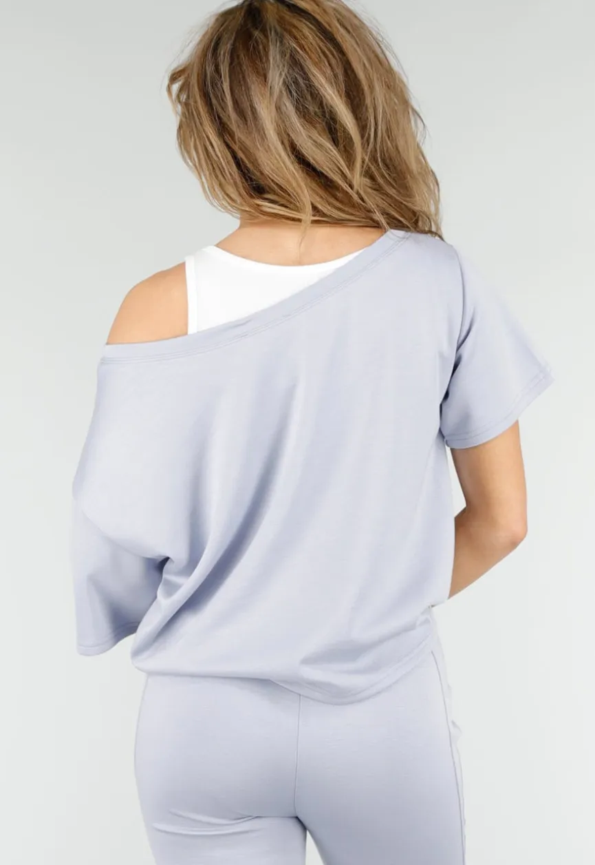 Lichtblauwe One Shoulder Top met Ingewerkte Top en Stretch