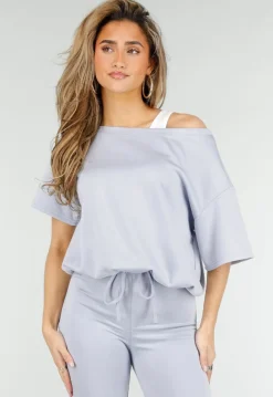 Lichtblauwe One Shoulder Top met Ingewerkte Top en Stretch