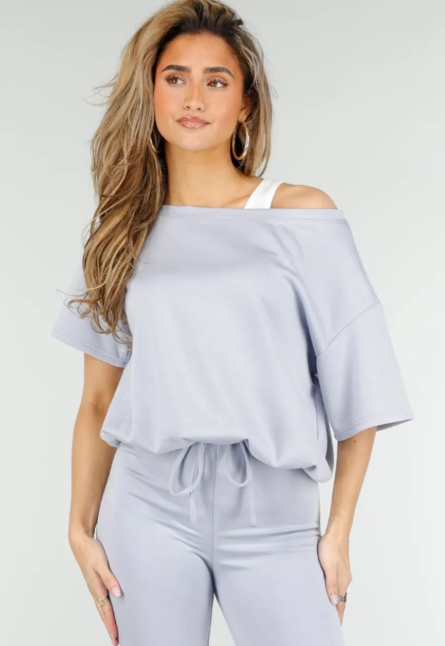 Lichtblauwe One Shoulder Top met Ingewerkte Top en Stretch