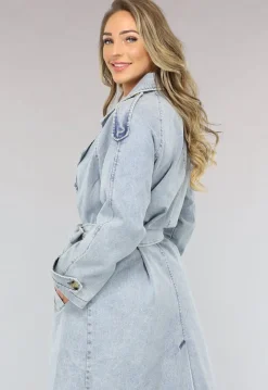 Lichtblauwe Oversized Denim Trenchcoat met Ceintuur
