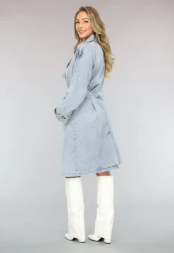 Lichtblauwe Oversized Denim Trenchcoat met Ceintuur