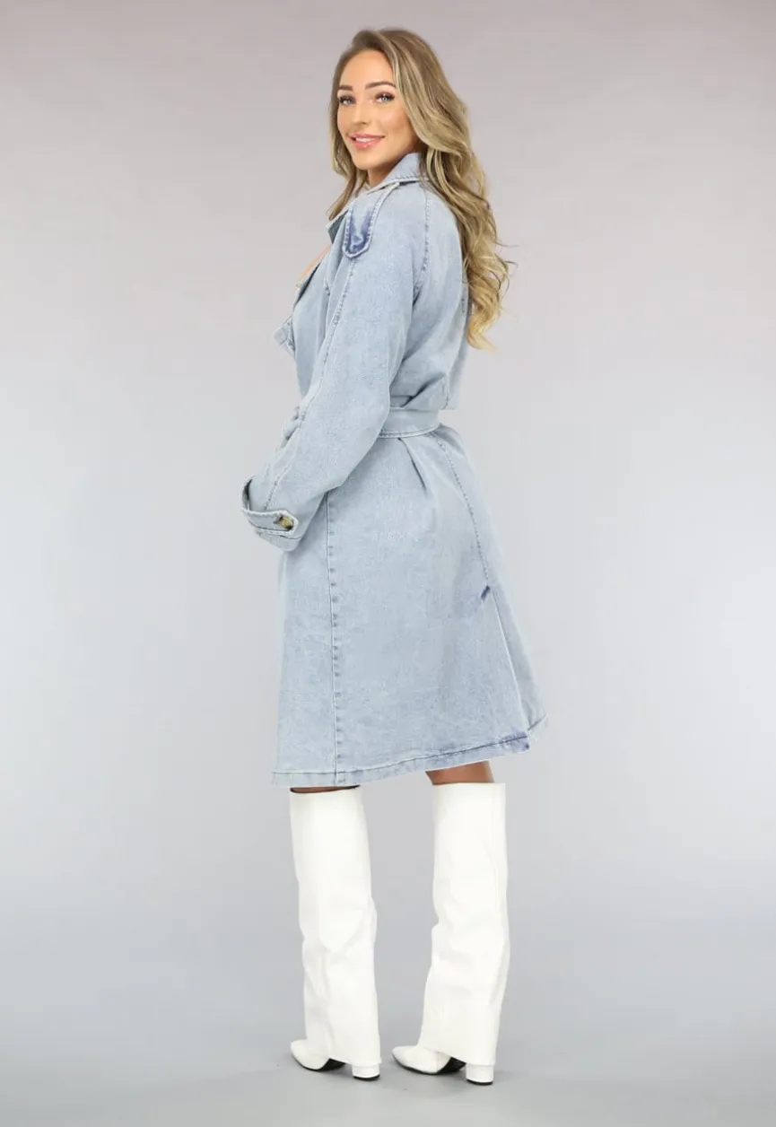 Lichtblauwe Oversized Denim Trenchcoat met Ceintuur