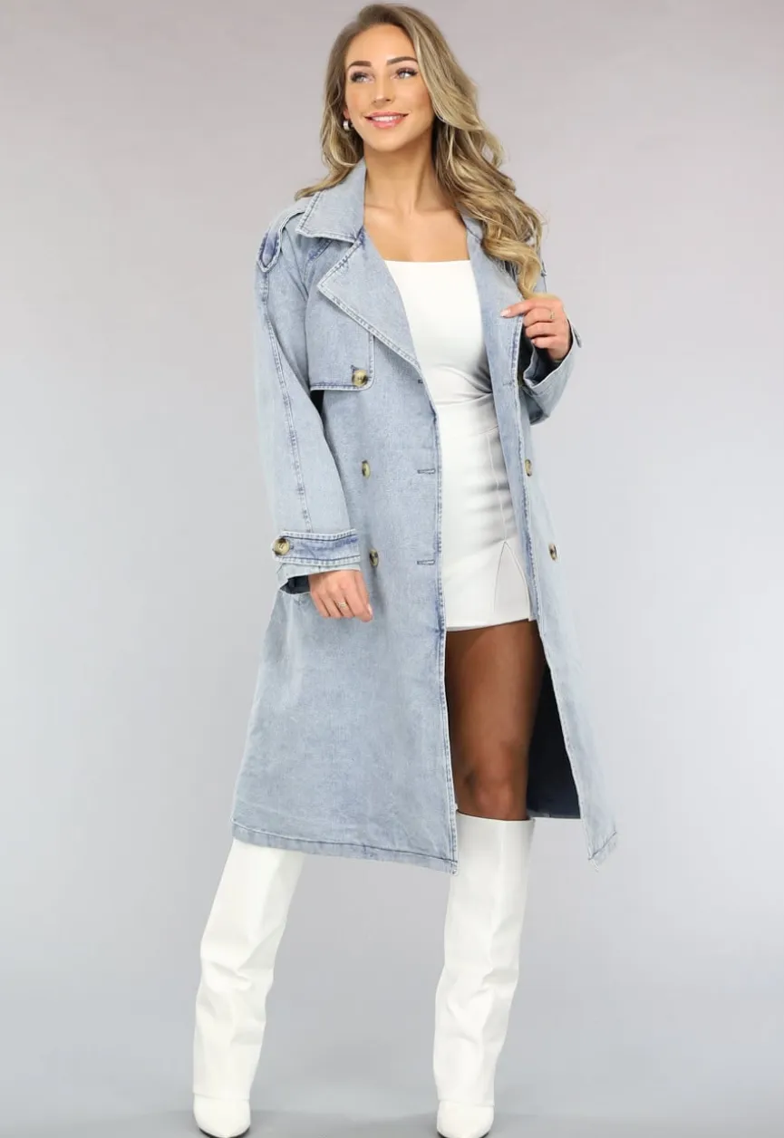 Lichtblauwe Oversized Denim Trenchcoat met Ceintuur