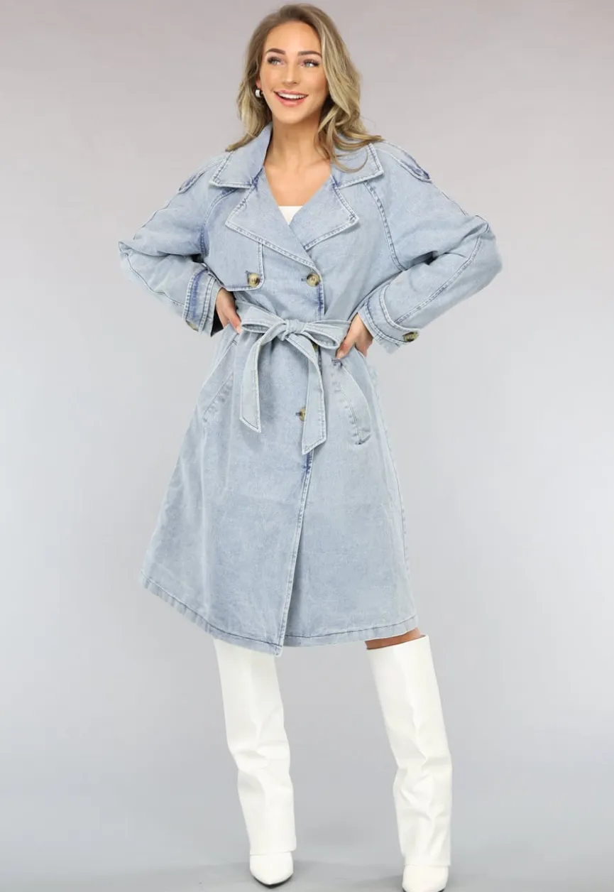 Lichtblauwe Oversized Denim Trenchcoat met Ceintuur
