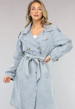 Lichtblauwe Oversized Denim Trenchcoat met Ceintuur