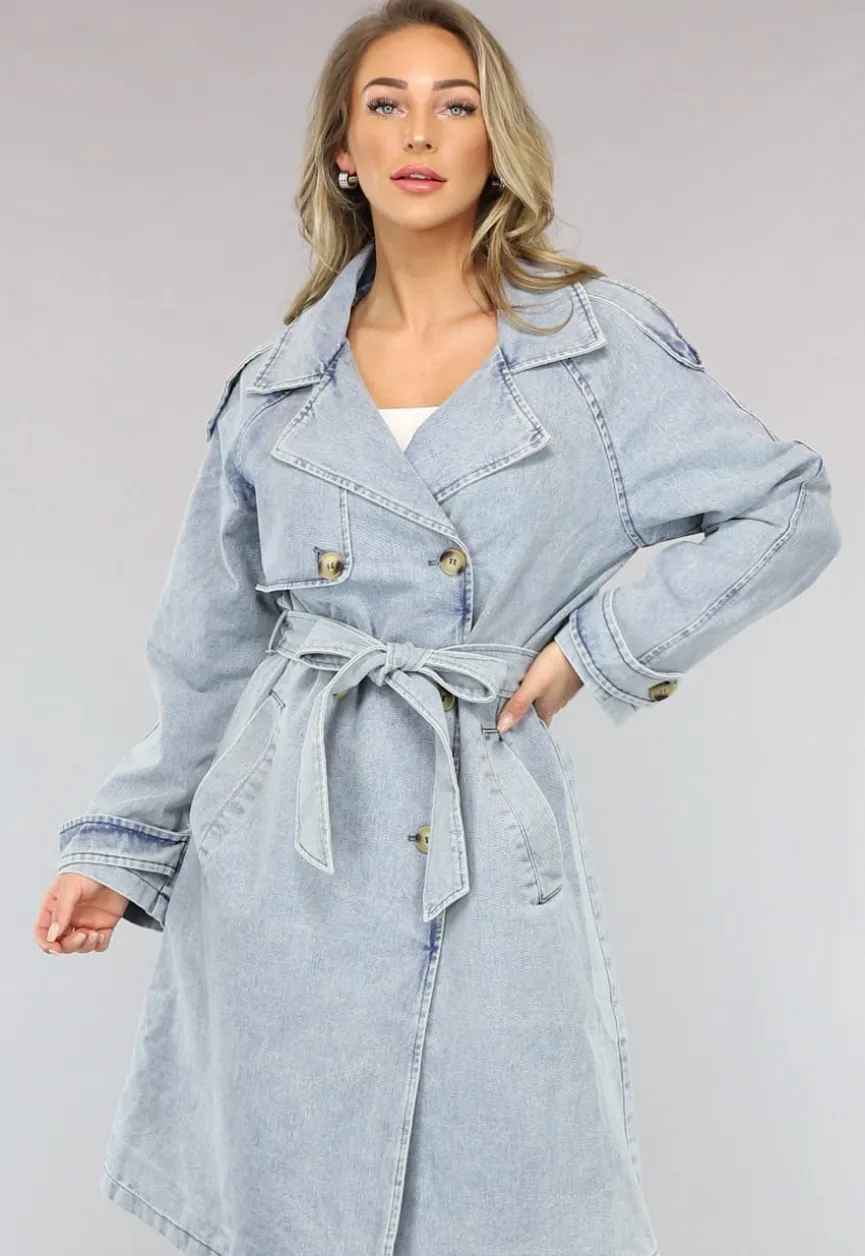 Lichtblauwe Oversized Denim Trenchcoat met Ceintuur