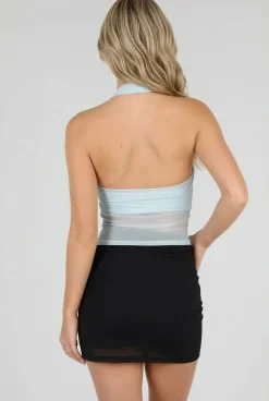 Lichtblauwe Padded Halter Top met Mesh Detail Ruches en Stretch
