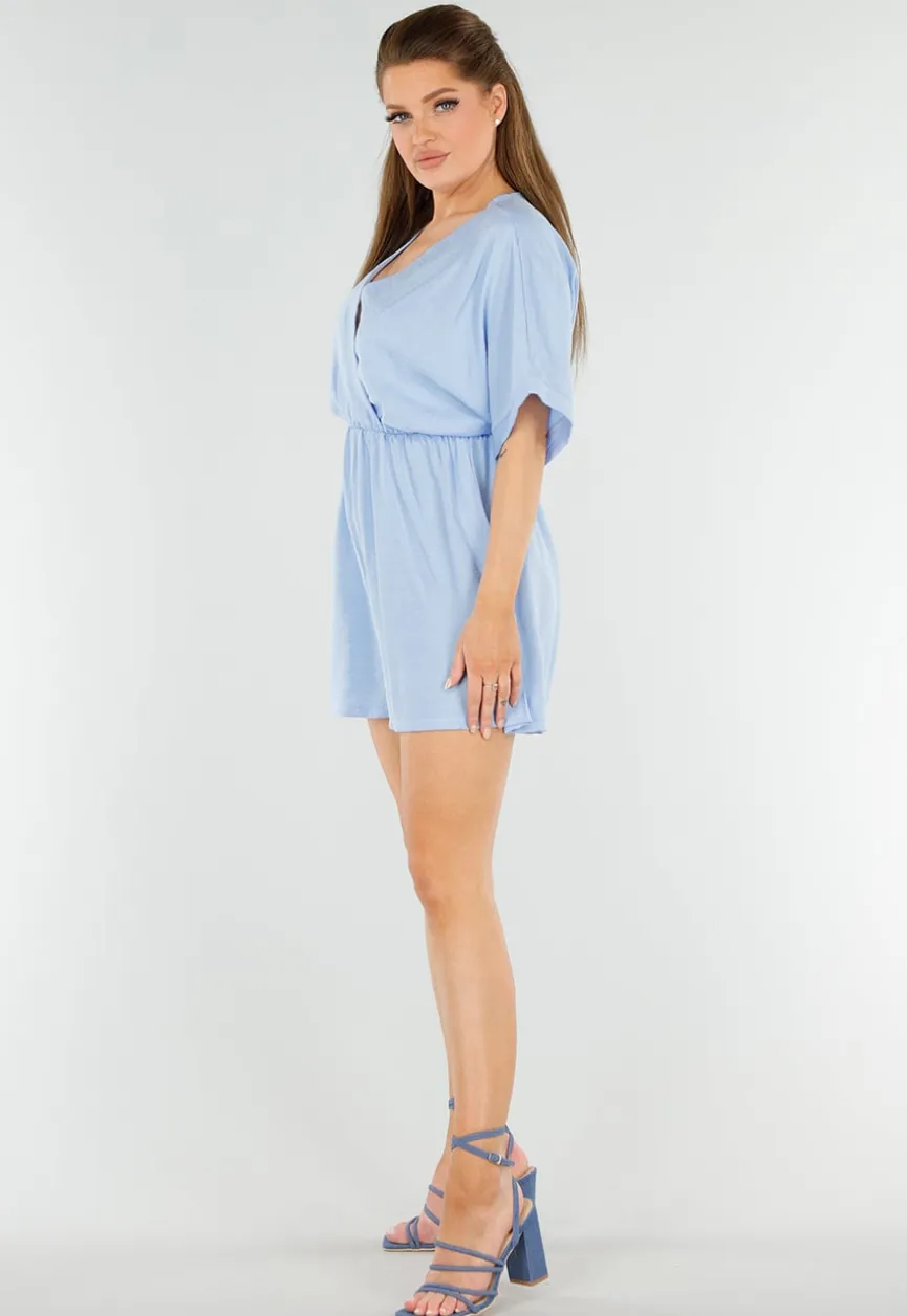 Lichtblauwe Playsuit met V-Hals, Elastische Taille en Linnenlook