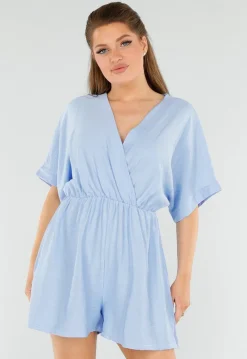 Lichtblauwe Playsuit met V-Hals, Elastische Taille en Linnenlook