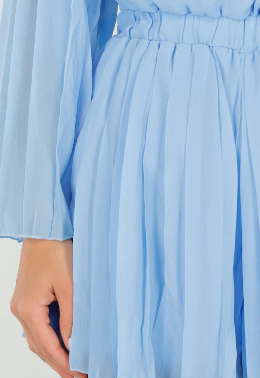 Lichtblauwe Plissé Playsuit met Overslag en Wijde Mouwen