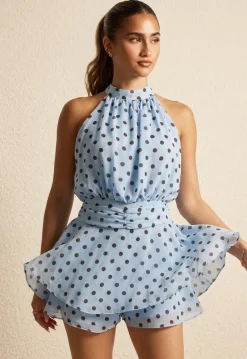 Lichtblauwe Polkadot Playsuit met Halterhals en Volantlaag