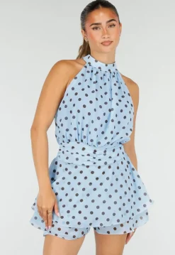 Lichtblauwe Polkadot Playsuit met Halterhals en Volantlaag