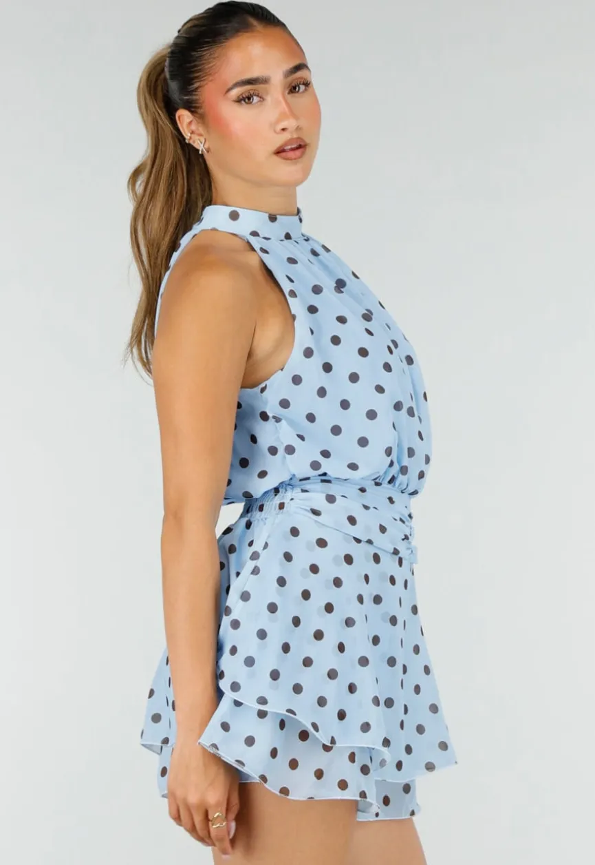 Lichtblauwe Polkadot Playsuit met Halterhals en Volantlaag