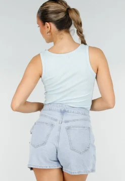 Lichtblauwe Rib Tank Top met Glitters en Aansluitende Pasvorm