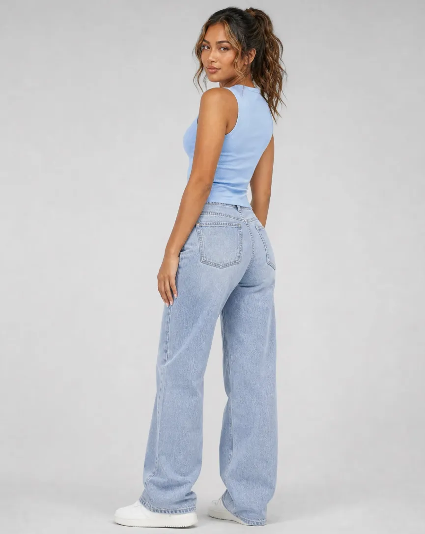 Lichtblauwe Rib Top met Ritssluiting en Stretch