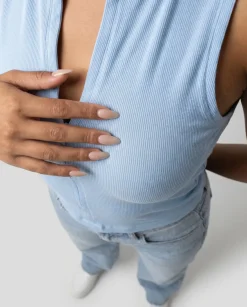Lichtblauwe Rib Top met Ritssluiting en Stretch