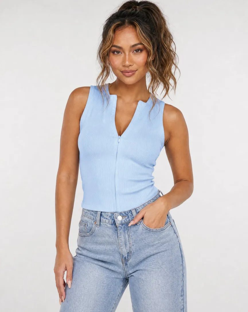 Lichtblauwe Rib Top met Ritssluiting en Stretch