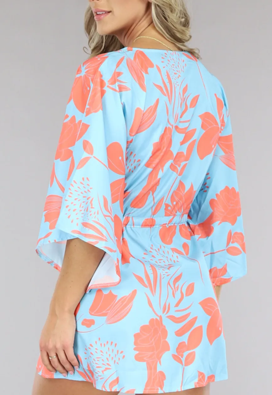 Lichtblauwe Satin Jurk met Bloemen Print
