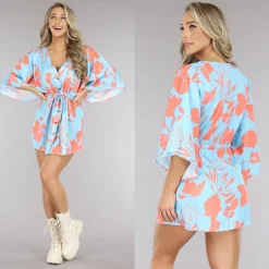 Lichtblauwe Satin Jurk met Bloemen Print