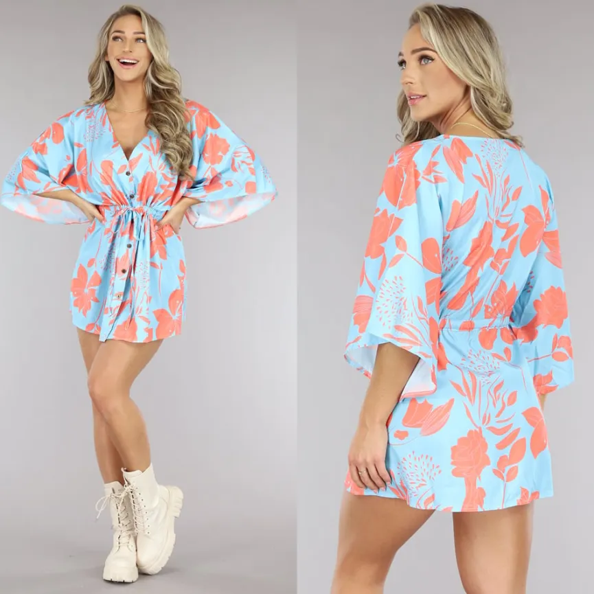 Lichtblauwe Satin Jurk met Bloemen Print